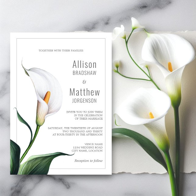 Elegant Ivory White Calla Lily Bröllop Inbjudningar (Elegant white ivory calla lily wedding invitation front view.)