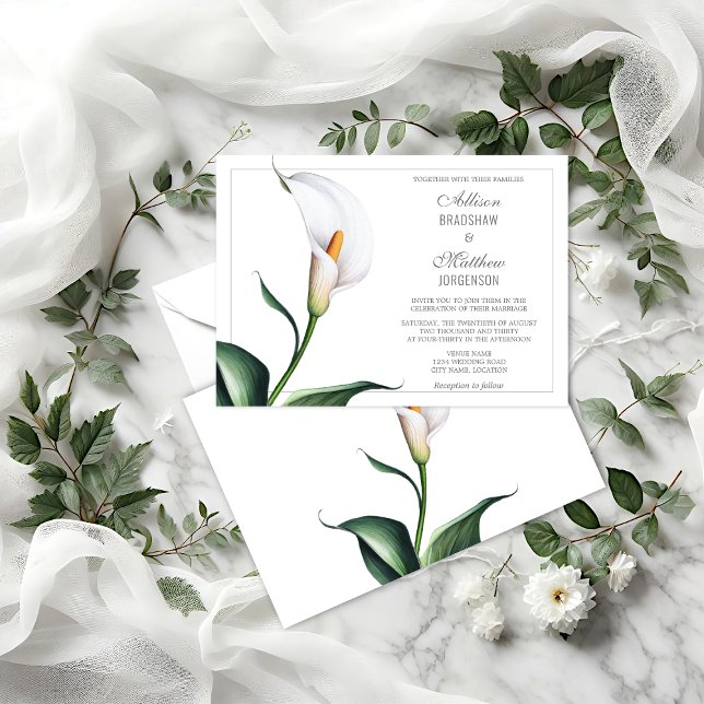 Elegant Ivory White Calla Lily Bröllop Inbjudningar (Elegant Ivory White Calla Lily wedding invitation front and back view.)
