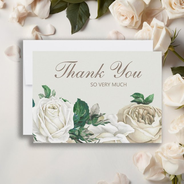 Elegant Ivory White Cream Ro Bröllop Tack Kort (Elegant white roses and greenery wedding Thank You card)