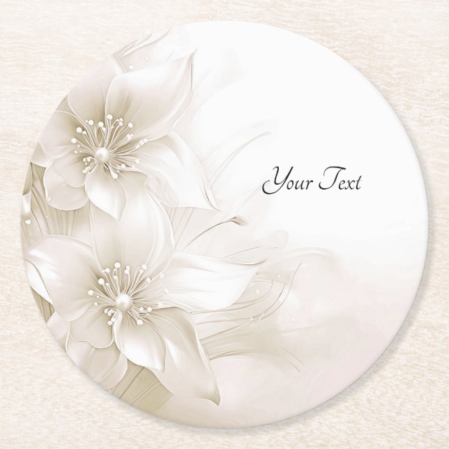 Elegant Ivory White Flowers Paper Coaster Underlägg Papper Rund (Framsidan)