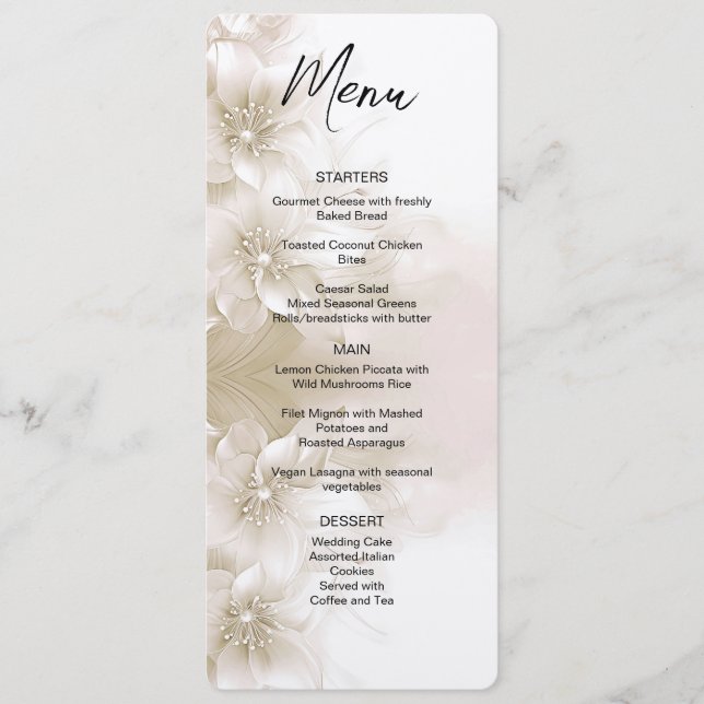 Elegant Ivory White Flowers Wedding Menu Meny (Framsida)