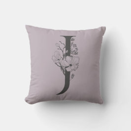 Elegant J Boho Blommigt Monogram Initial Lilac Grå Kudde