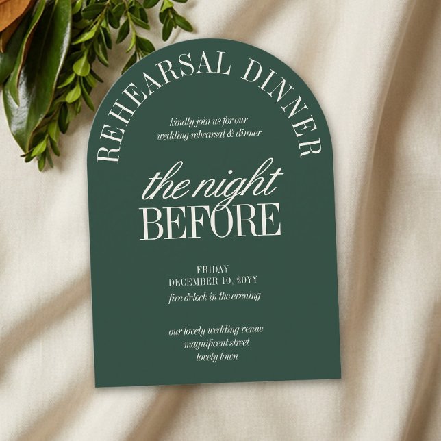 Elegant jaktgrön båge repetition middag inbjudningar (Arch Rehearsal Dinner Invitation from the Green Stripe Old Money wedding collection by Darling & May)