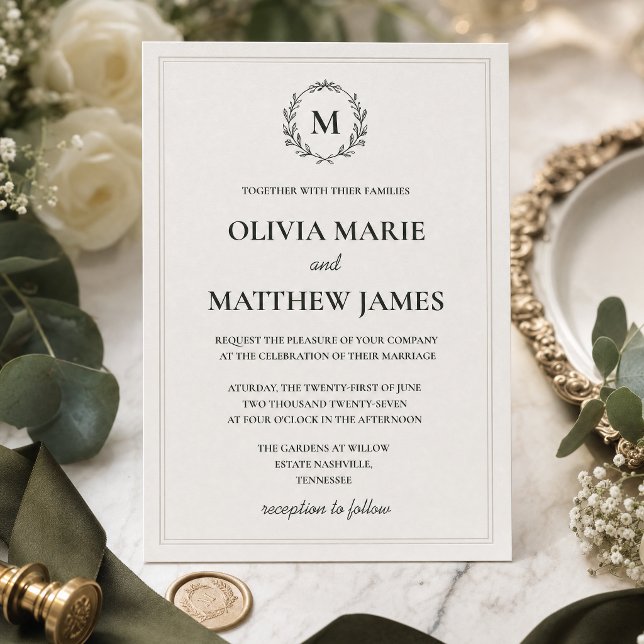 Elegant jaktgrön monogram bröllopsinbjudan | inbjudningar (Elegant Hunter Green Monogram Wedding Invitation | Luxury Minimalist Wedding Suite)