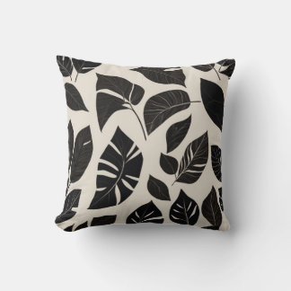 Elegant Japandi Pillow - Black Botanical Löv on Kudde