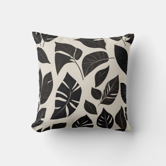 Elegant Japandi Pillow - Black Botanical Löv on Kudde (Framsida)