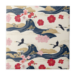 Elegant Japanese Ceramic Tile with Floral Waves Kakelplatta