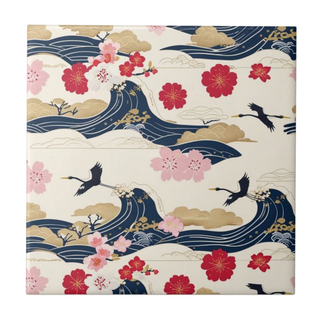Elegant Japanese Ceramic Tile with Floral Waves Kakelplatta (Framsidan)
