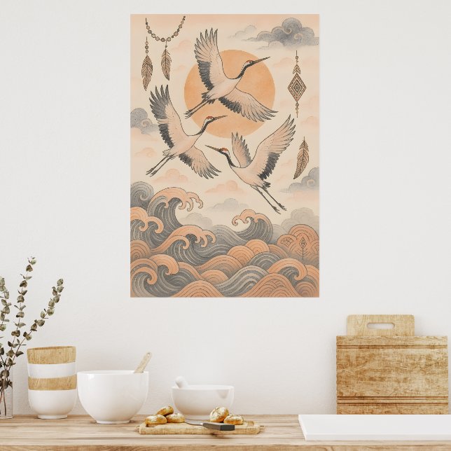 Elegant Japanese Crane Wall Art Minimalist  Poster (Kök)