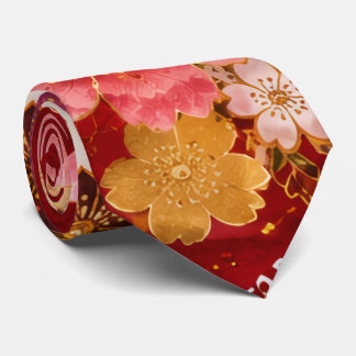 Elegant Japanese Floral Necktie | Red Kimono Inspi Slips