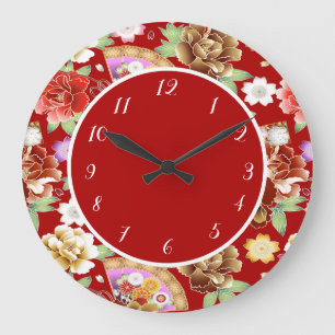 Elegant Japansk asiatisk teckning Red Blommigt Fl Stor Klocka