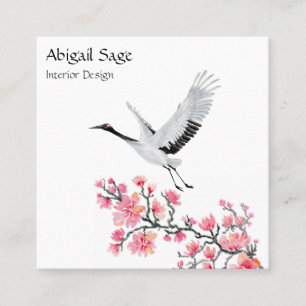Elegant Japansk Crane- och Cherry-Blommar Fyrkantigt Visitkort