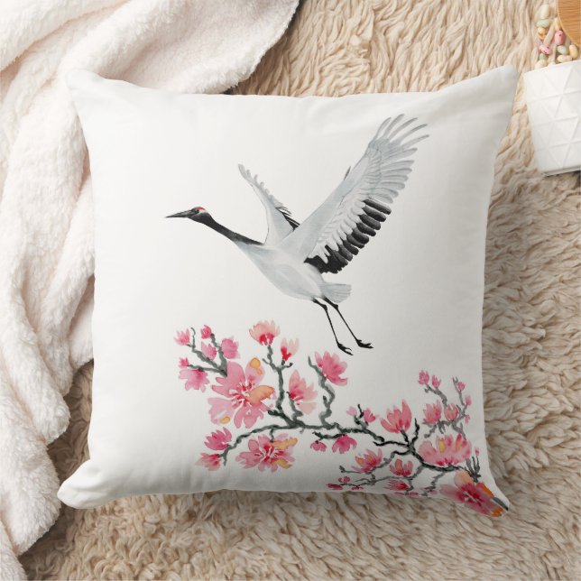 Elegant Japansk Crane- och Cherry-Blommar Kudde (Filt)