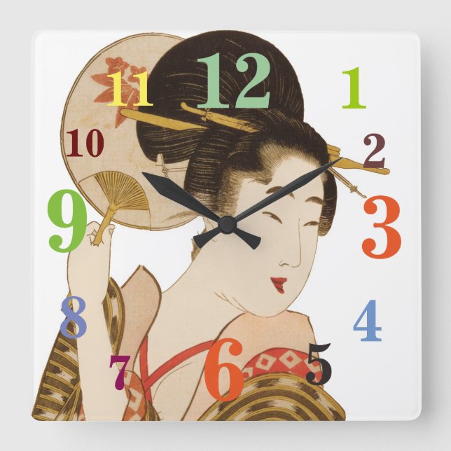 Elegant japansk geisha med Fläkt Wall Clock Fyrkantig Klocka (Framsida)