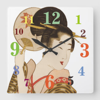 Elegant japansk geisha med Fläkt Wall Clock Fyrkantig Klocka