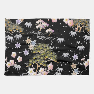 Elegant Japansk inspirerad botanisk teckning  Kökshandduk