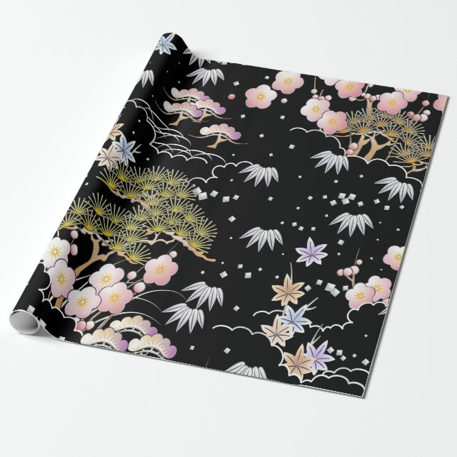 Elegant Japansk inspirerad botanisk teckning| Presentpapper (Utrullad)