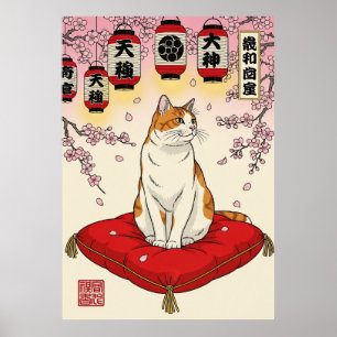 Elegant Japansk Kattkonst Röd Kudd Cherry Poster
