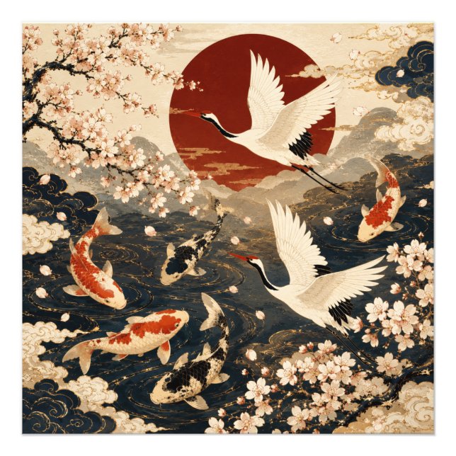 Elegant japansk Koi & Trane Serenitet Foto Print (Framsidan)