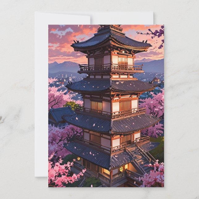 Elegant japansk körsbärsblom- & slottbröllop I Inbjudningar (Framsida)