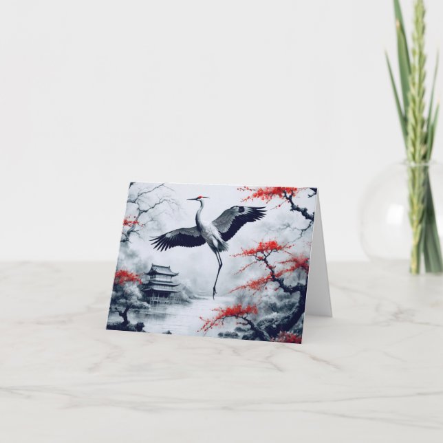 Elegant japansk kran i japanska trädgård kort (Framsida)