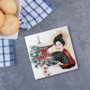 Elegant Japansk Pagoda Geisha Girl Kakelplatta