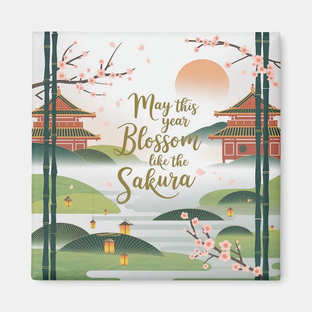 Elegant japansk trädgårdsdesign - Sakurablomning Magnet (Framsidan)