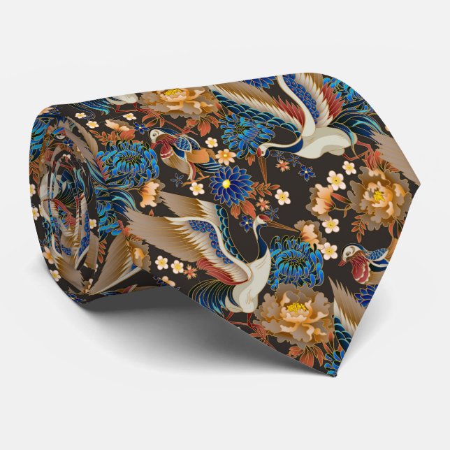 Elegant Japansk Trana Och Blå Krysantemum Slips (Rullad)
