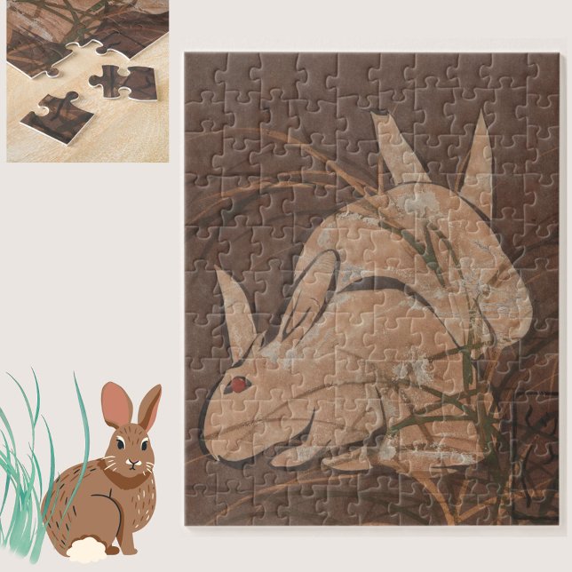 Elegant Japanska Edo Period Rabbits Jigszle Puzzle Pussel (A  lovely vintage Asian rabbit print jigsaw puzzle, for hours of enjoyment.)
