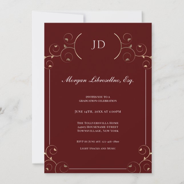 Elegant JD Guld Burgundy Lawyer Studenten Inbjudningar (Framsida)
