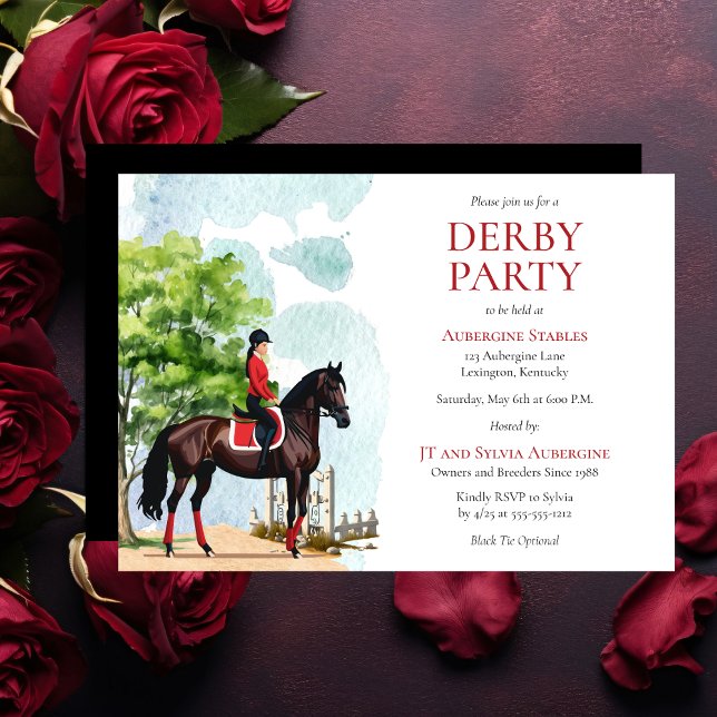 Elegant jockey och tävlingshäst Derby-fest Inbjudningar (Elegant Girl Jockey in Red and Black and Race Horse Derby Party Invitation)