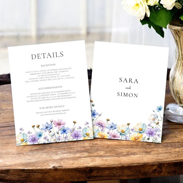 elegant jokerblommor, bröllop, platta kort (wildflower floral modern wedding details card  fully editable to suite your needs )