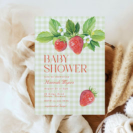 Elegant Jordberry Grönt Gingham Baby Shower Inbjudningar