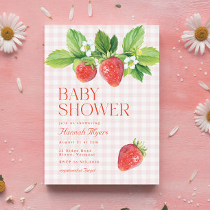 Elegant Jordberry Rosa Gingham Girl Baby Shower Inbjudningar