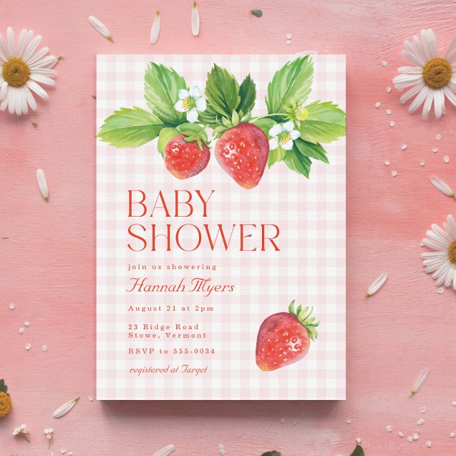 Elegant Jordberry Rosa Gingham Girl Baby Shower Inbjudningar (Skapare uppladdad)