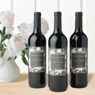 Elegant jordnära blommig mörkgrå bröllop vinflaska etikett