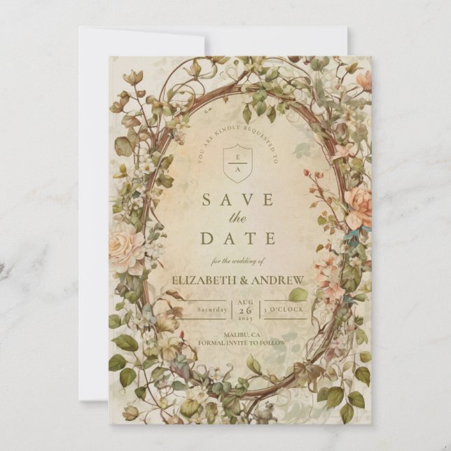 Elegant jordnära boho blomsterbåge bröllop spara datumet (Framsida)