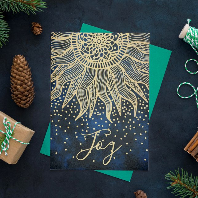 Elegant Joy Blue Guld Boho Sol Mandala jul Helgkort (Skapare uppladdad)