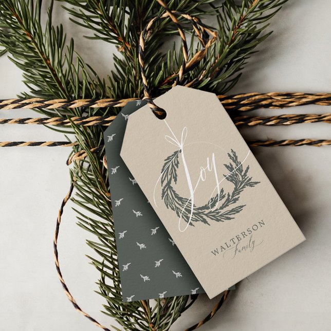 Elegant Joy Calligraphy Garland WAN Namn Presentetikett (Elegant Joy Calligraphy Garland Wreath Family Name Gift Tags)