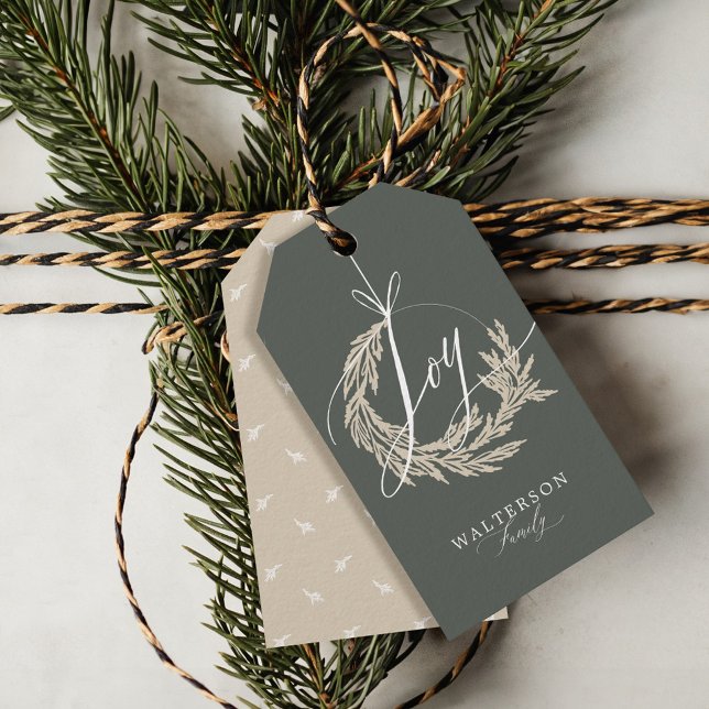 Elegant Joy Calligraphy Garland WAN Namn Presentetikett (Elegant Joy Calligraphy Garland Wreath Family Name Gift Tags)