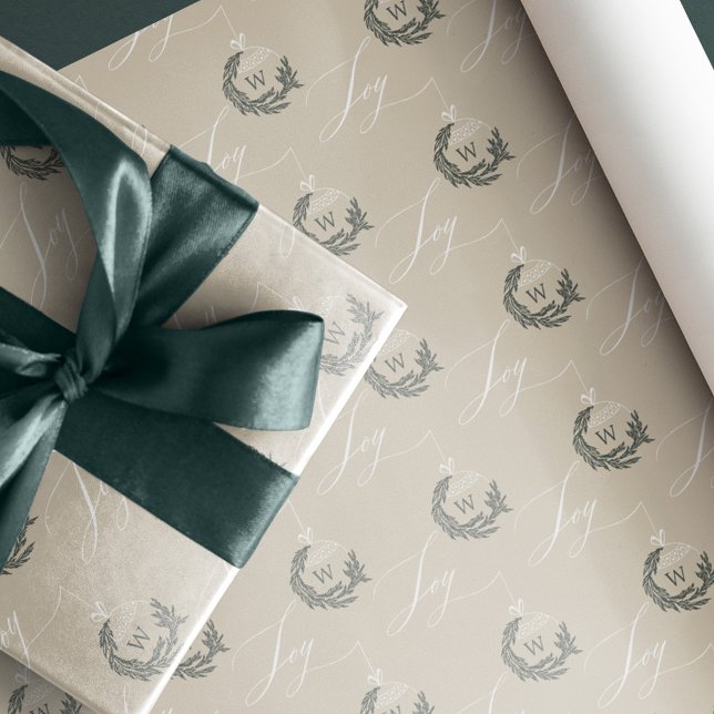 Elegant Joy Calligraphy Garland Wandeans Monogram Presentpapper (Elegant Joy Calligraphy Garland Wreath Monogram Wrapping Paper)