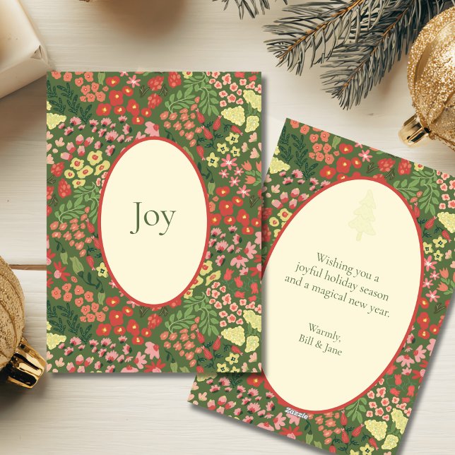 Elegant JOY Holiday Lägenhetskort – Anpassat Medde Julkort (Elegant Floral Holiday Flat Card with Personalization)