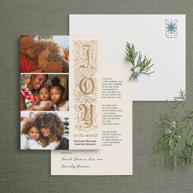 Elegant "Joy to World" Multi-Photo Faux Foil Julkort (Skapare uppladdad)