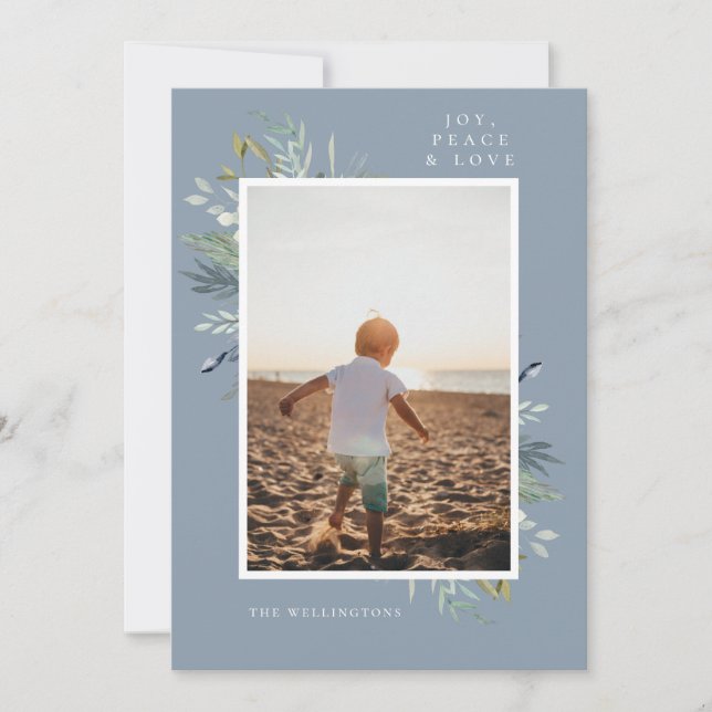 Elegant Joy Winter Foliage Single Photo Blue Julkort (Framsida)