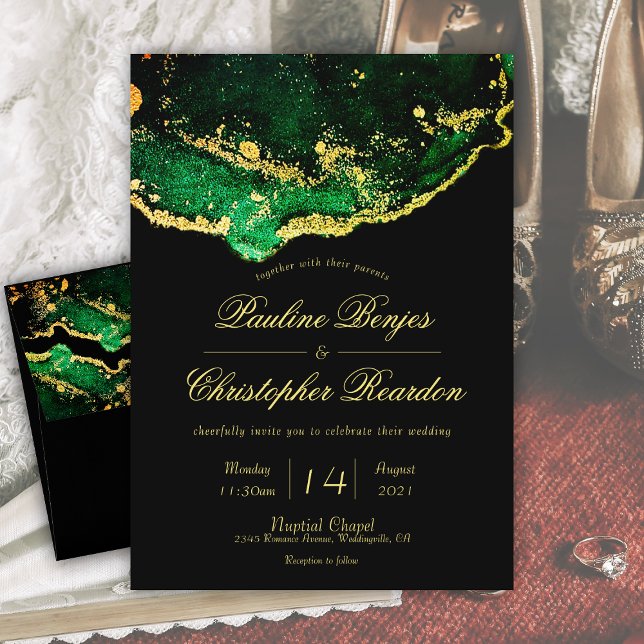 Elegant judisk-tonisk Grönt Svarta Guld Bröllop Inbjudningar (Elegant Jewel-Tone Green Black Gold Wedding Invitation)