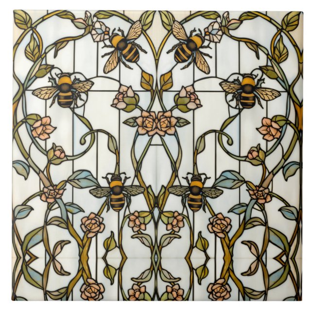 Elegant jugendstil botanisk  bin glasfärgning kakelplatta (Framsidan)