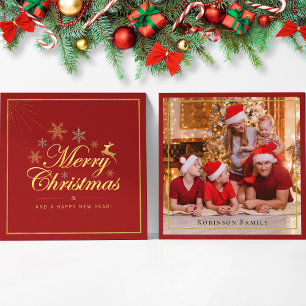 Elegant Jul 1 Photo Red och Guld Script Anteckningskort