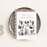 Elegant jul 6 Photo Collage Happiest Julkort<br><div class="desc">glädje med de här moderna helgdagskorten med 6 av dina favoritfoton i en stödrasterlayout. "Glästa Helgdagar" visas överst i handskriven kalligrafi och klassisk serif-skrift. Anpassa med din familj namn och året i nedre högerna.</div>