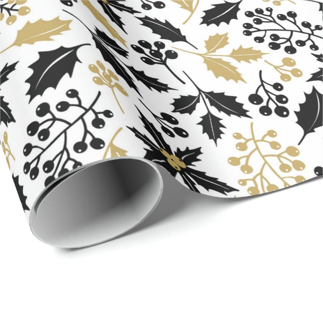 Elegant jul Black och Guld Holly Mistletoe Presentpapper (Rullad Hörn)