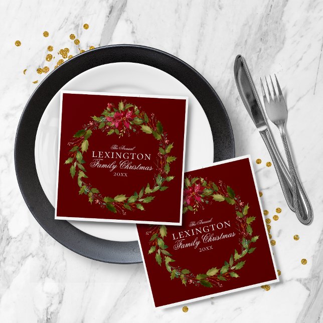 Elegant Jul Blommigt Holly Wandeans Pappersservett (Elegant Christmas Floral Holly Wreath Napkins)